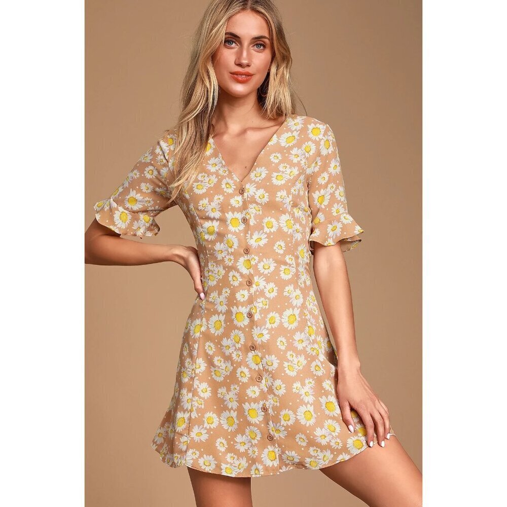 Lulus Summer Dress Castana Daisy Print Button Down Fitted Women's S
